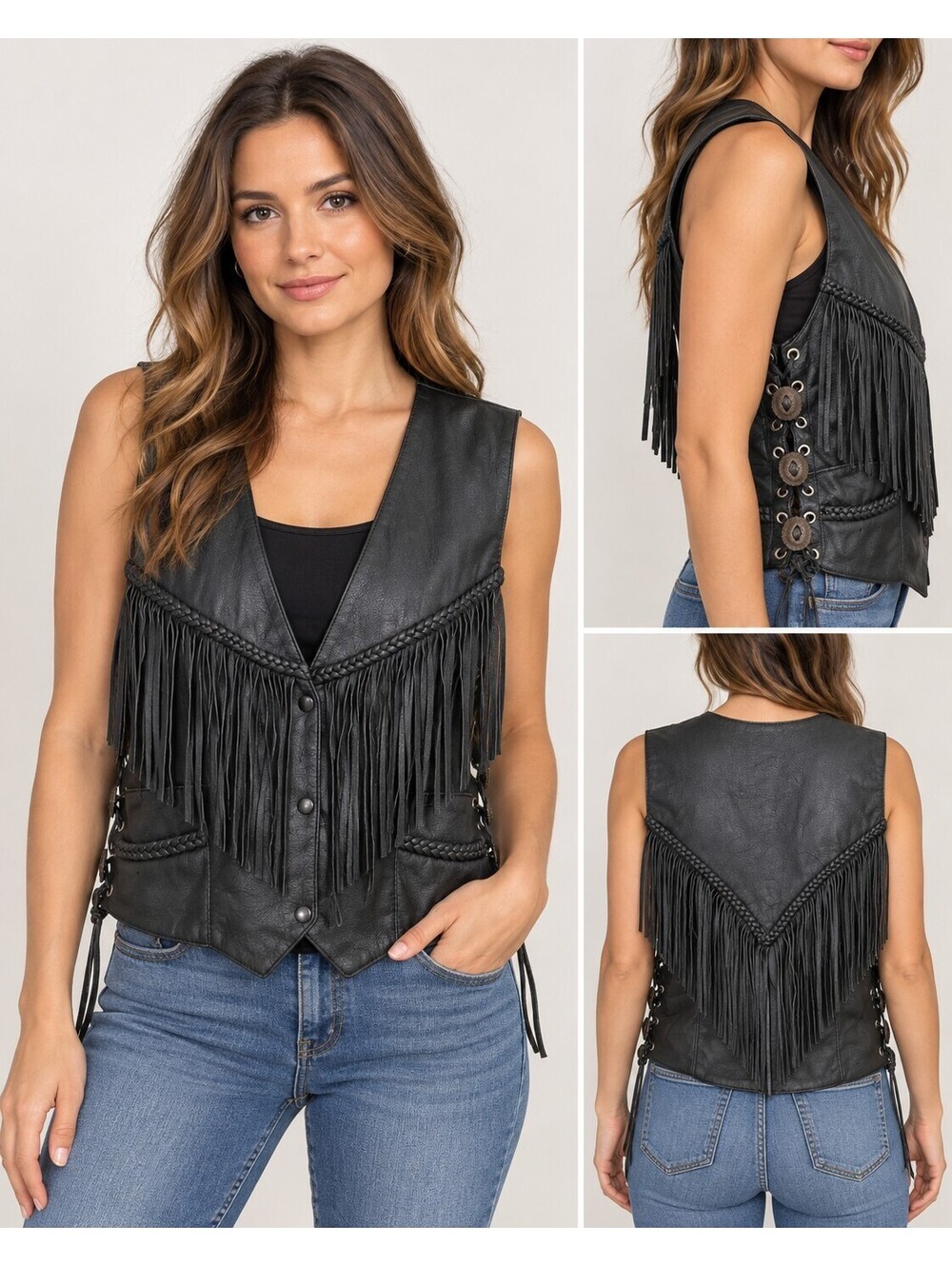 VTG Force Leather Apparel Woman's 2XL Black Leather Fringe Vest Concho Pockets